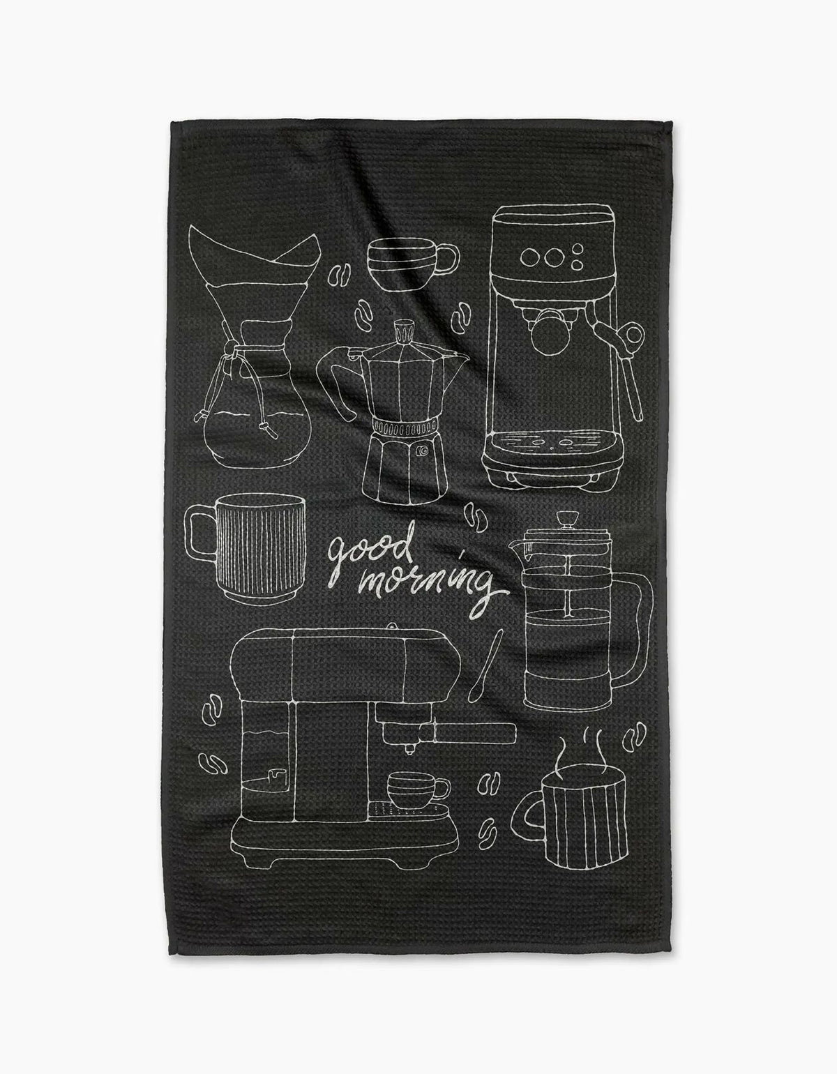Black towel with white coffee-themed illustrations and 'good morning' text on a white background