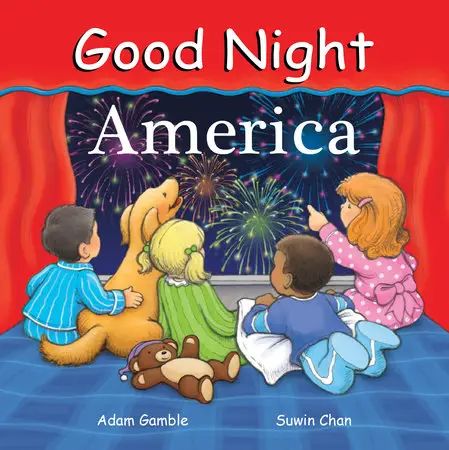 Book cover of 'Good Night America' with children and a dog watching fireworks.