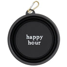 Black pet bowl with 'social drinker' text and carabiner clip on a white background