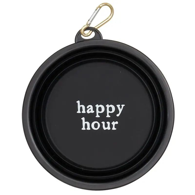 Black pet bowl with 'social drinker' text and carabiner clip on a white background