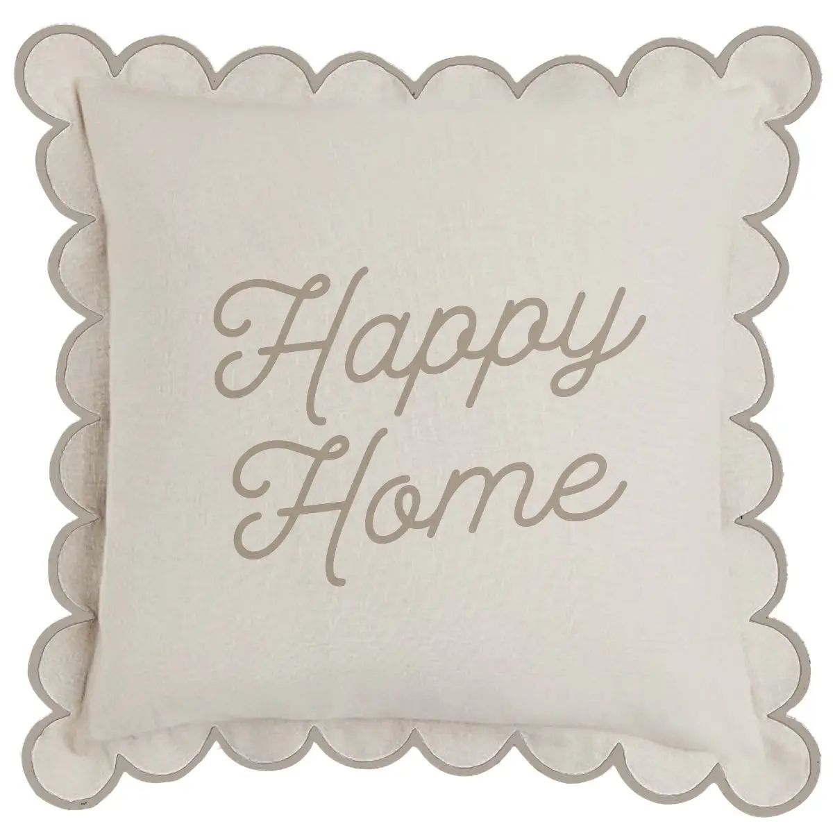 Decorative pillow with 'Happy Home' text on a white background