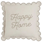Decorative pillow with 'Happy Home' text on a white background