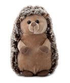 Plush toy hedgehog with a brown body and gray spines on a white background