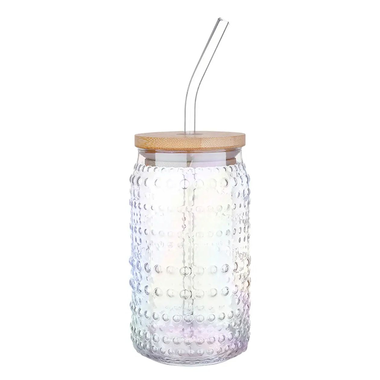Glass tumbler with wooden lid and straw on a white background