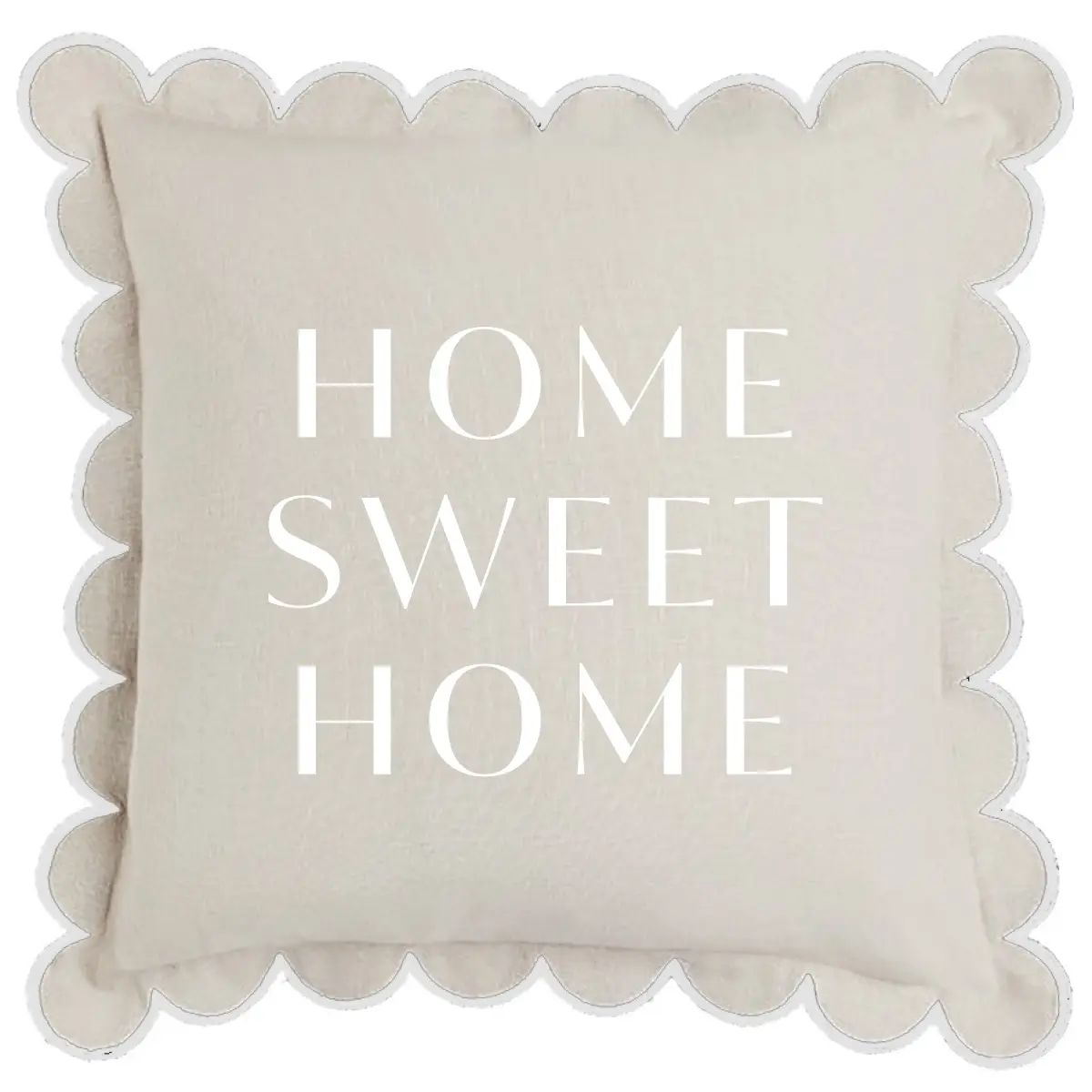 Beige pillow with 'HOME SWEET HOME' text on a white background
