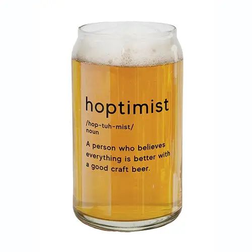 Beer glass with foam and text defining 'hoptimist' on a white background