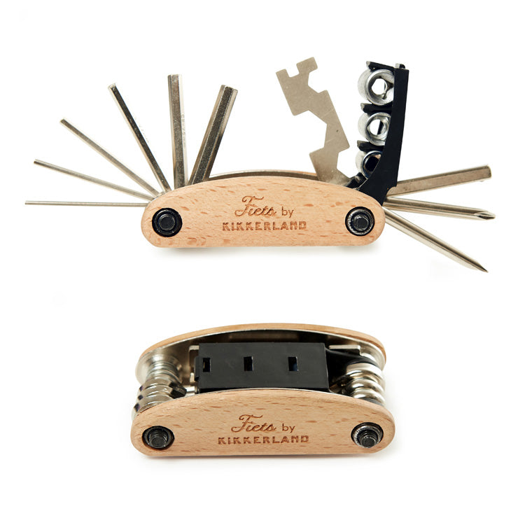 Kikkerland 16 in 1 wood bike tool unfolded with hex keys and screwdrivers