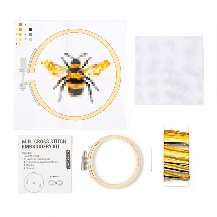 Contents of the Kikkerland bee mini cross stitch embroidery kit