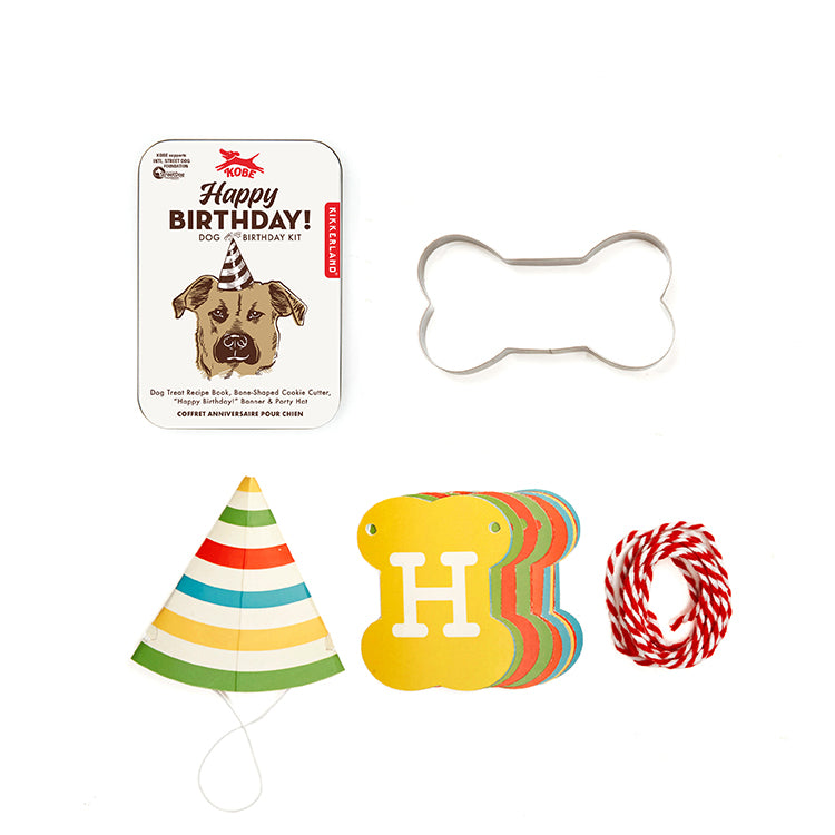 Kikkerland dog birthday kit with party hat, banner and bone toy