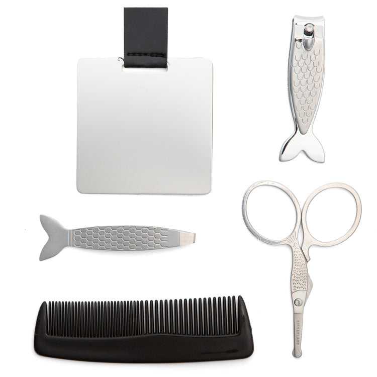 Kikkerland Fisherman grooming kit tools: clippers, scissors, comb and file