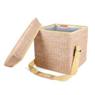Kikkerland wicker-look picnic cooler seat with lid open and shoulder strap