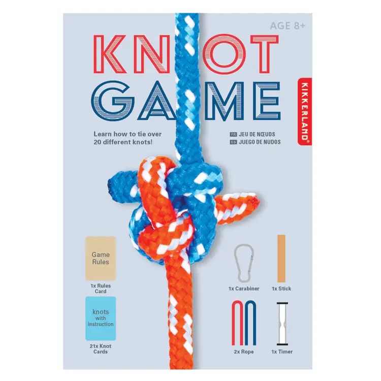 Knot Game packaging with colorful ropes and game components on a light blue background
