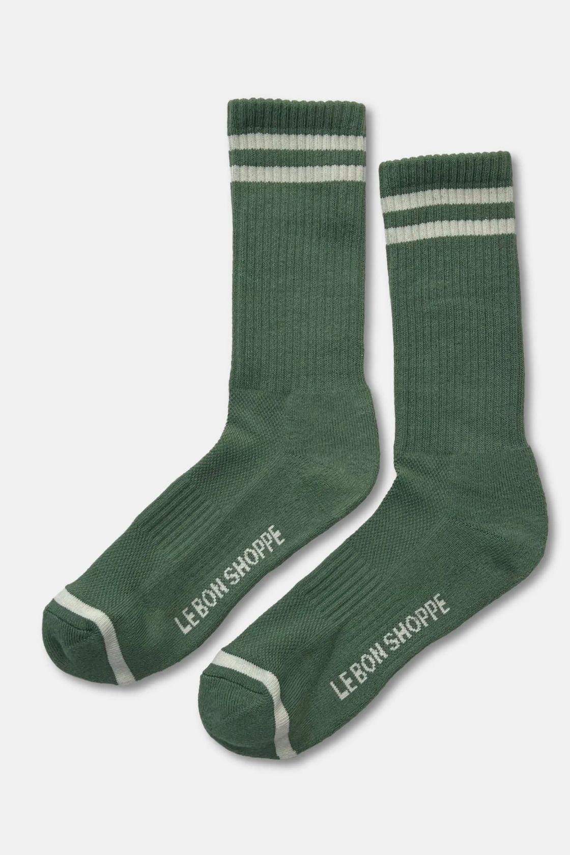 Le Bon Shoppe Extended Boyfriend Socks in Moss green with cream varsity stripes