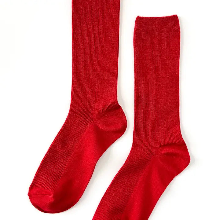 Close-up of Le Bon Shoppe Trouser Socks in Tuscan Red showing fine rib knit