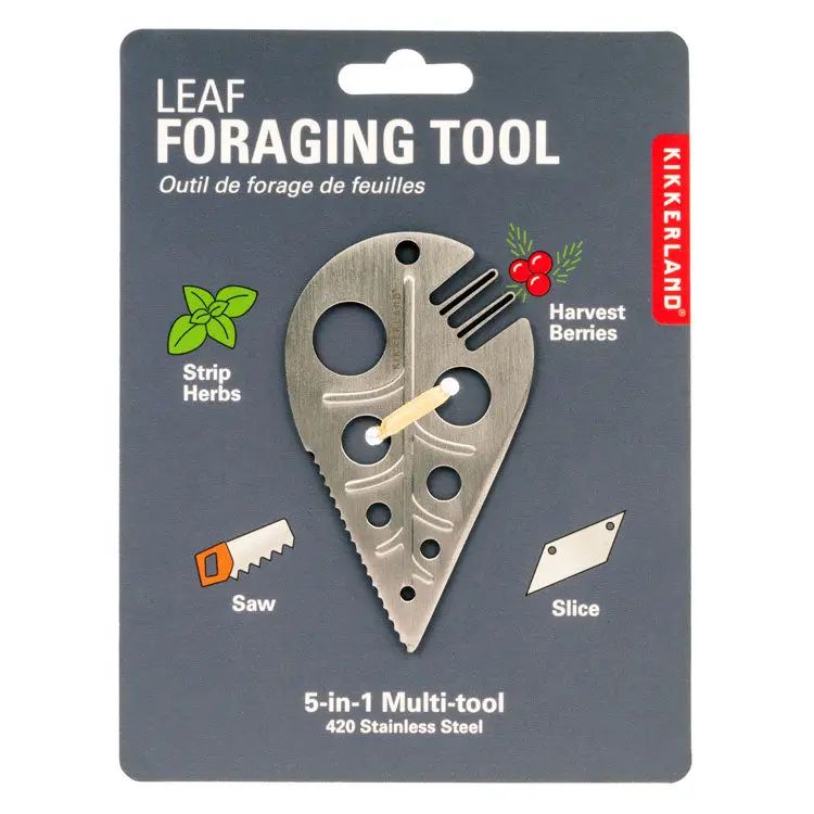 Leaf foraging tool packaging with Kikkerland branding on a gray background