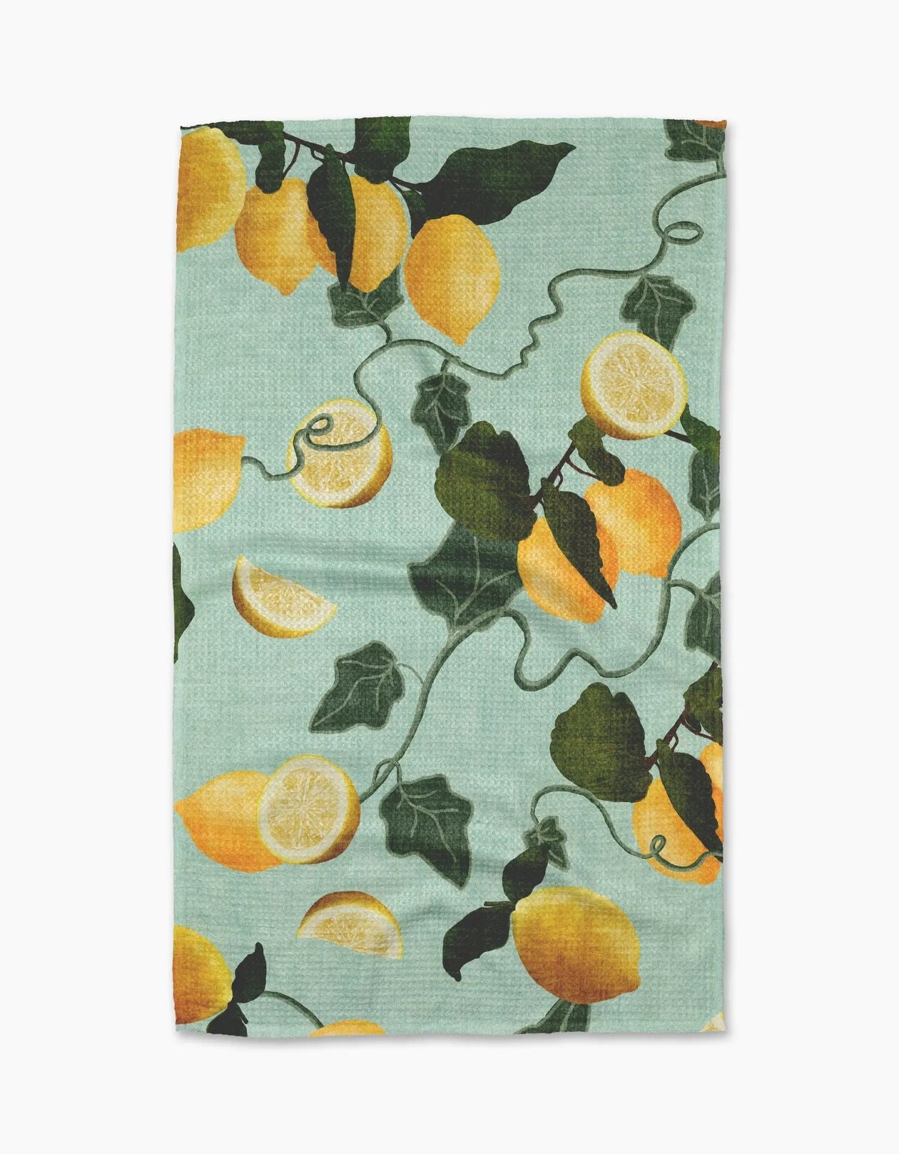 Tea towel with lemon pattern on a light blue background