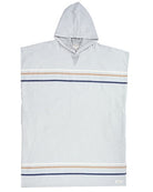 A light gray hooded poncho with horizontal stripes in navy blue, beige, and white, displayed flat against a white background.