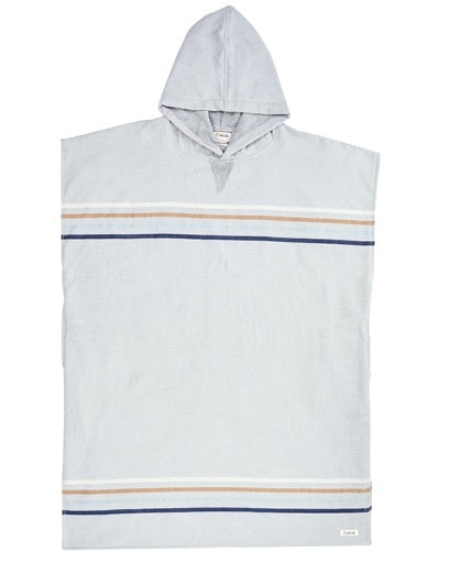 A light gray hooded poncho with horizontal stripes in navy blue, beige, and white, displayed flat against a white background.