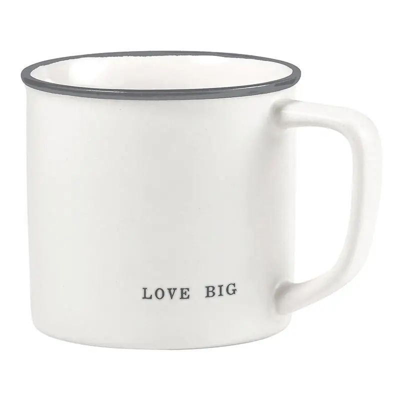 White mug with 'LOVE BIG' text on a white background