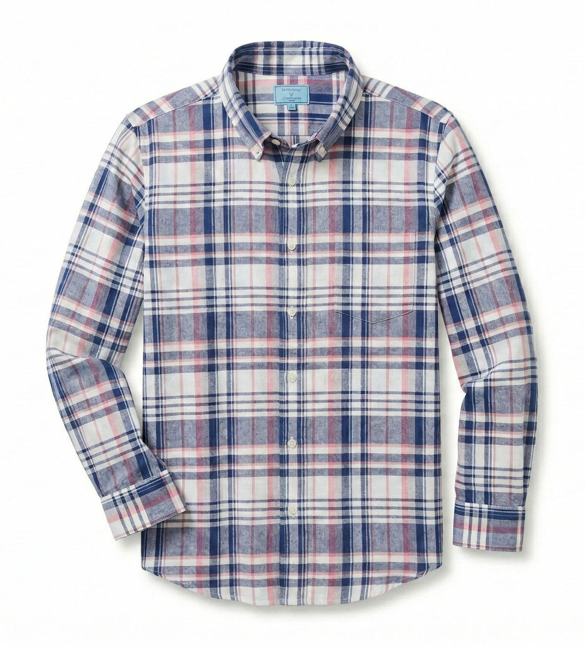 Plaid shirt with blue, red, and white pattern on a white background