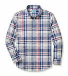 Plaid shirt with blue, red, and white pattern on a white background