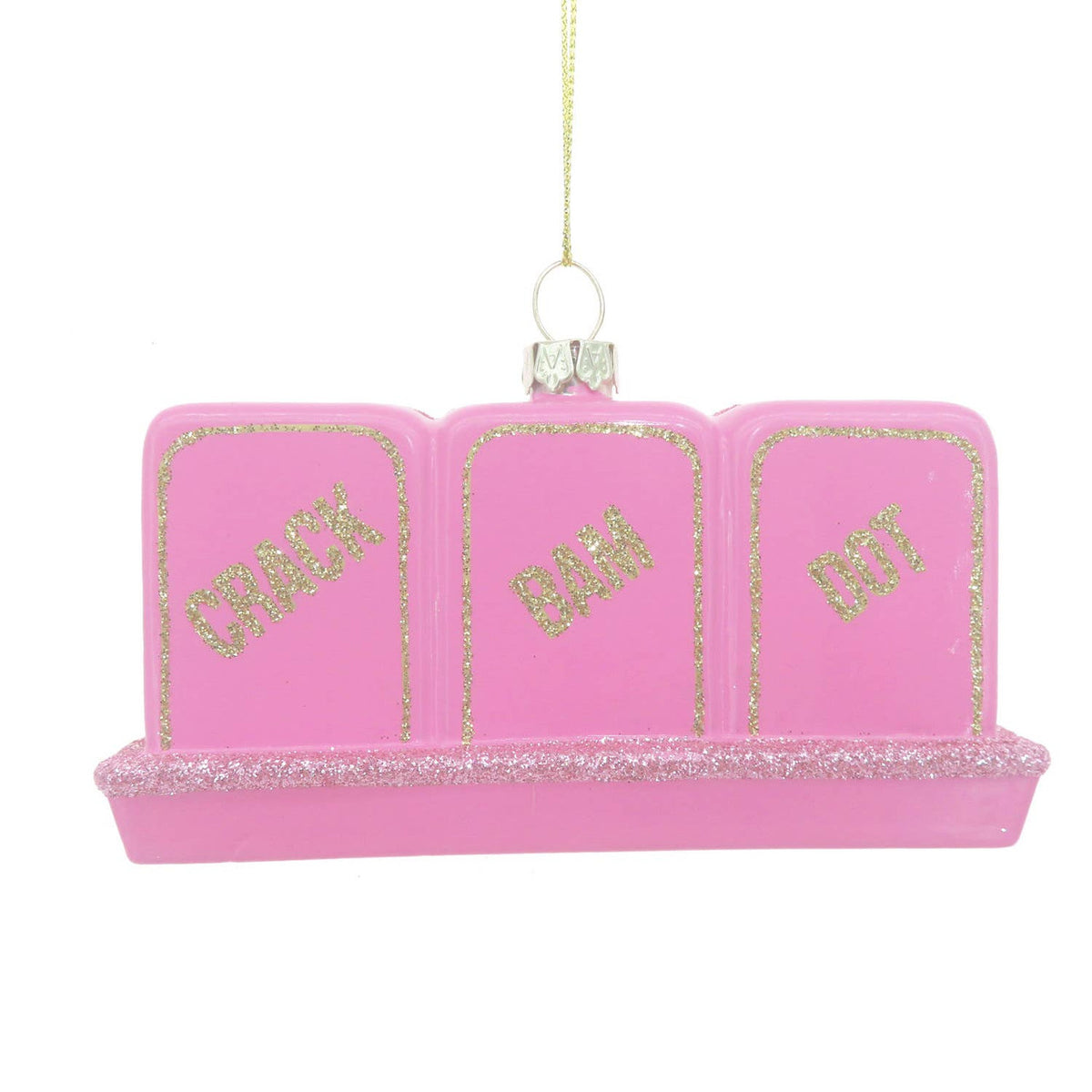 Back view of the mahjong tile glass Christmas ornament in pink with gold glitter accents