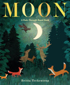 Board book cover with animals and moon design, featuring the title 'MOON' and author 'Britta Teckentrup'.