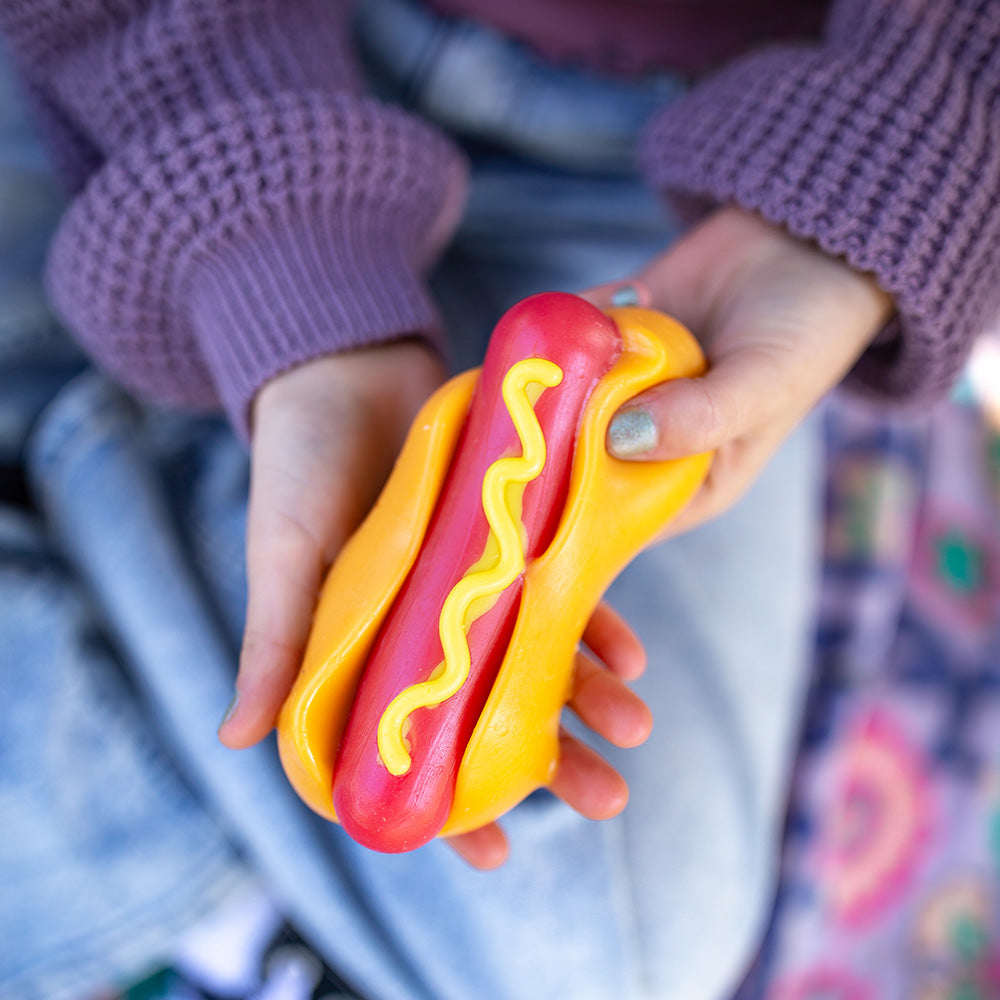 Child holding the Mushmeez taba squishy hot dog with mustard