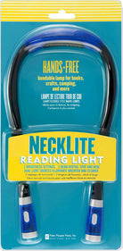 Necklite Hands-Free Reading Light in its retail blister packaging, featuring a blue and black adjustable neck lamp with two light heads, set against a teal and yellow background card.