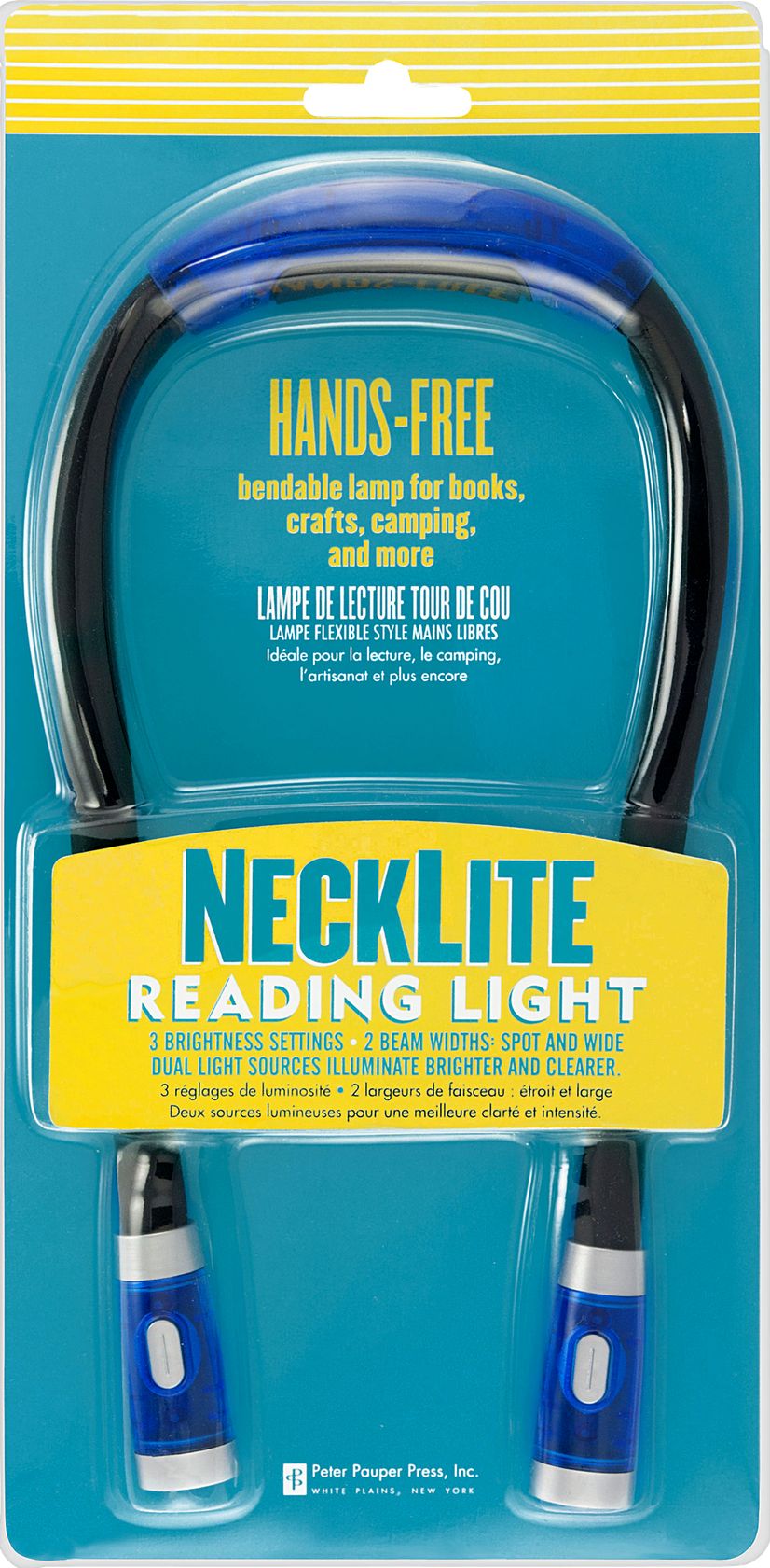 Necklite Hands-Free Reading Light in its retail blister packaging, featuring a blue and black adjustable neck lamp with two light heads, set against a teal and yellow background card.