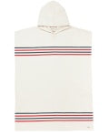 An off-white hooded poncho with thin horizontal stripes in red, blue, and green near the top and bottom edges, shown against a plain white background.