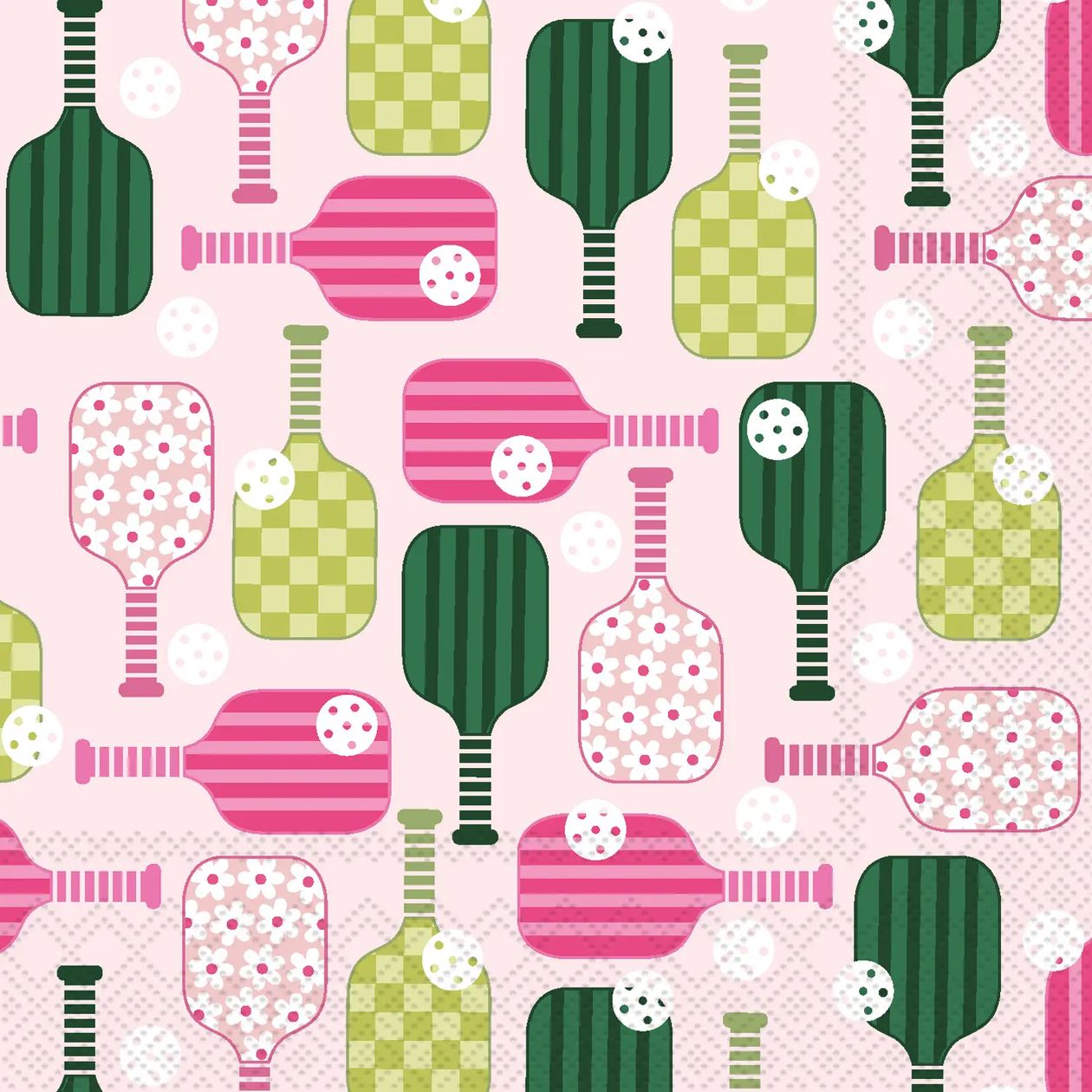 Pattern of colorful pickleball paddles on a pink background