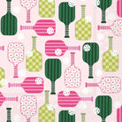 Pattern of colorful pickleball paddles on a pink background