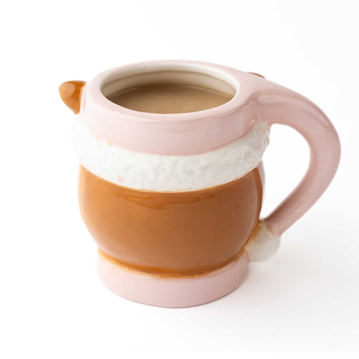 Back view of the pink reindeer coffee mug showing the brown body, white hat brim, and pink handle