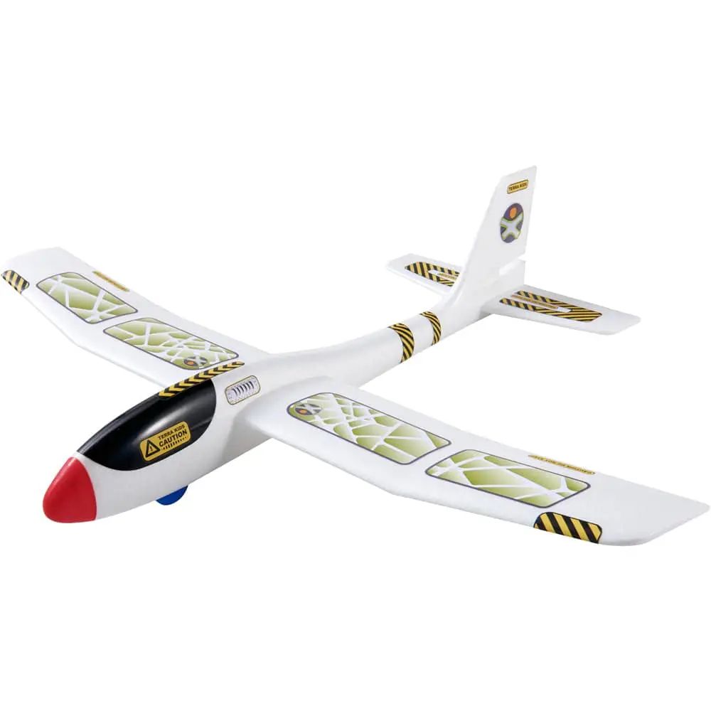 White toy airplane with red nose and black accents on a white background