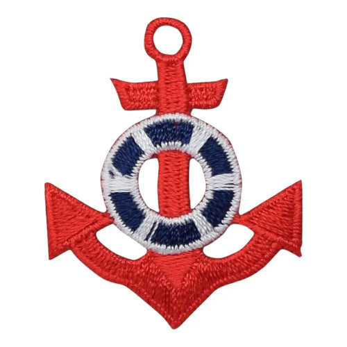 Embroidered red anchor with blue life preserver nautical iron-on patch