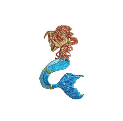 Embroidered red-headed mermaid iron-on patch