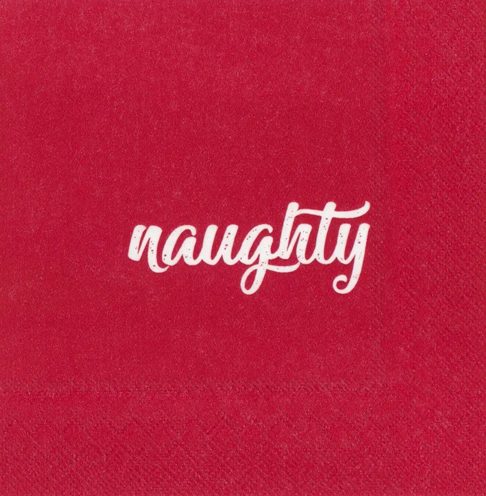 A square red textured paper napkin featuring the word 'naughty' in a white cursive script across the center.