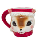 Red ceramic reindeer coffee mug with brown reindeer face, white Santa hat brim, ears, and a red bow
