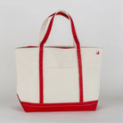 White tote bag with red accents on a white background