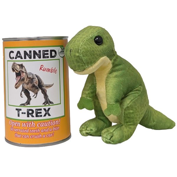 Canned Gifts Rumble the Canned T-Rex Plush in a can with foil lid