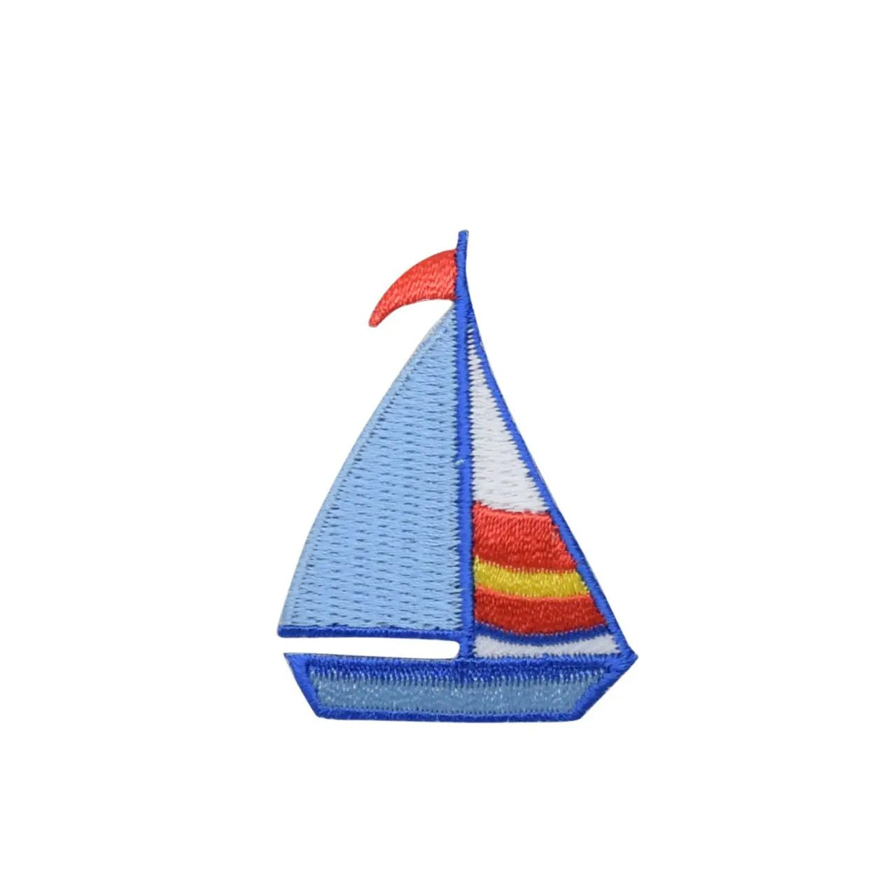 Embroidered sailboat patch with a blue hull and multicolored sail on a white background