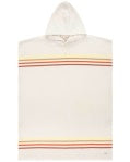 A cream-colored hooded towel or poncho with thin horizontal stripes in orange, red, and yellow, displayed flat against a white background.