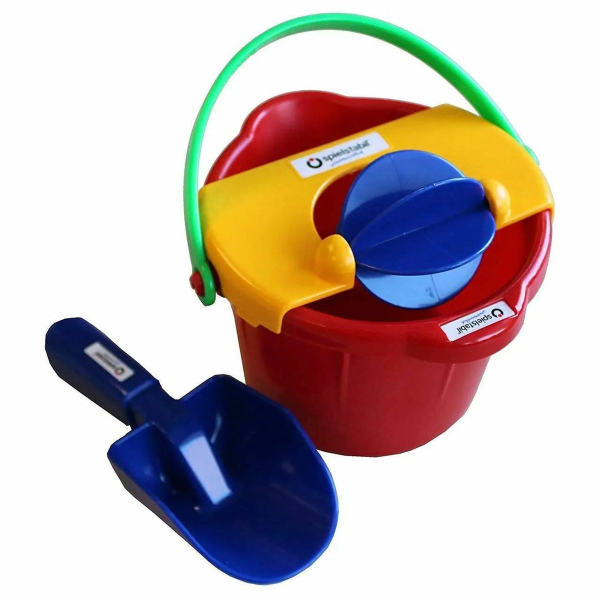 Colorful sand pail and shovel set with a green handle on a white background