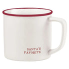 White mug with red interior and handle, featuring 'Santa's Favorite' text on a white background