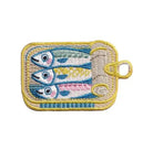 Embroidered sardine tin with three fish iron-on patch