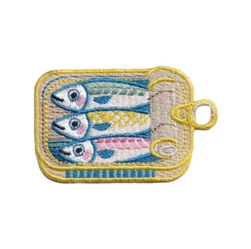 Embroidered sardine tin with three fish iron-on patch
