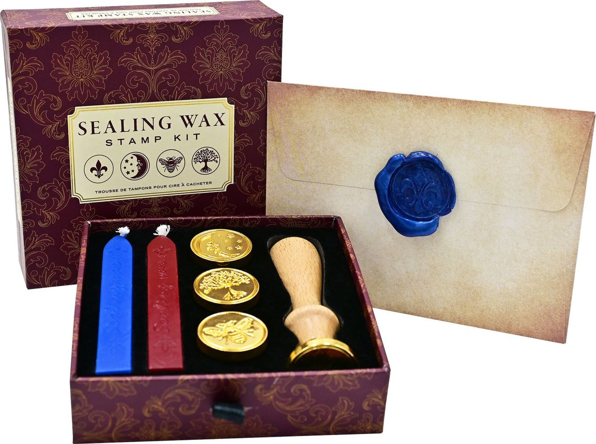 Sealing wax stamp kit with candles, stamp, and a sealed envelope on a white background