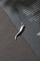 Silver charm on a dark gray surface with text