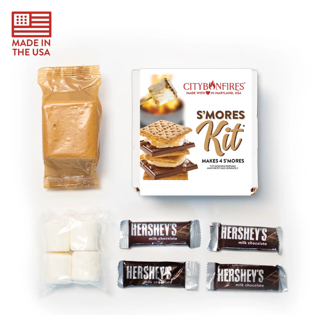 S'mores kit with Hershey's chocolate bars and marshmallows on a white background, featuring City of Fires branding.